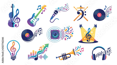 Photos Collection of colorful musical icons and symbols representing various instruments and audio elements
