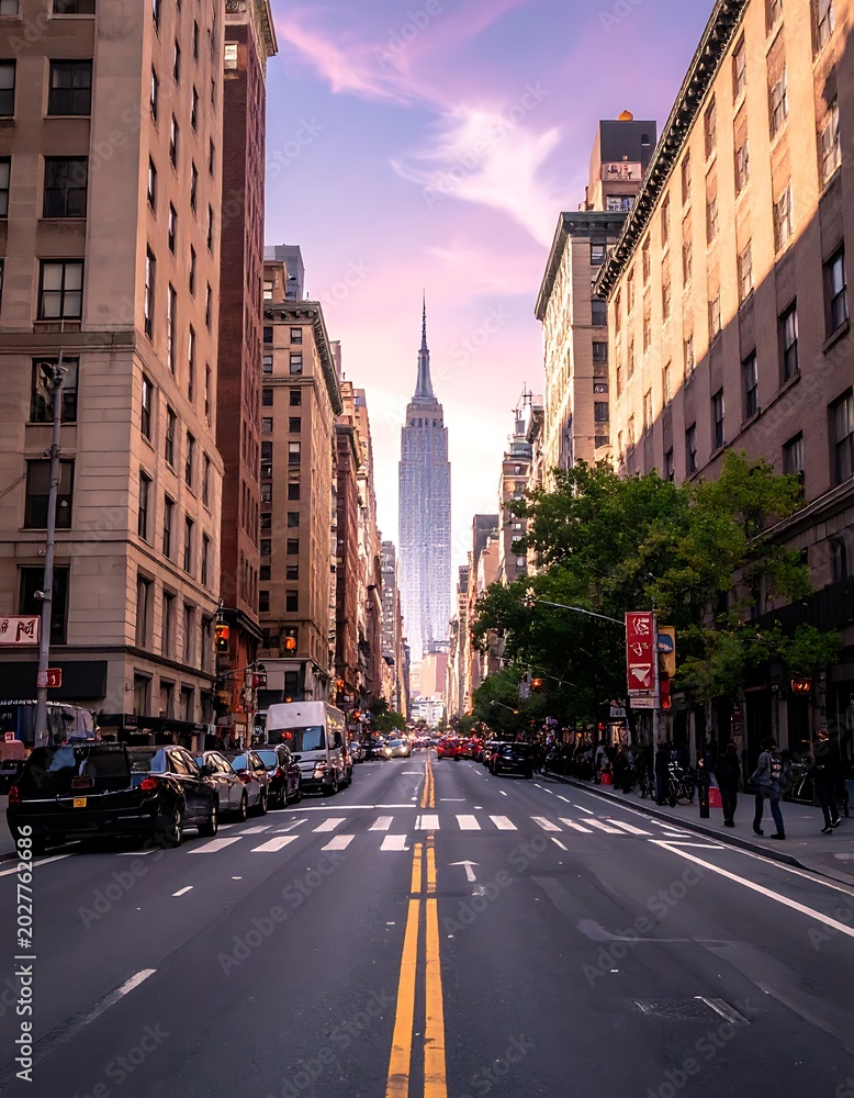 Fototapeta premium A city street with a tall building in the distance
