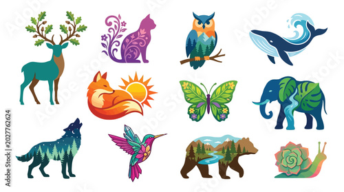 Photography Collection of stylized animals with natural elements integrated into their designs, representing nature and wildlife