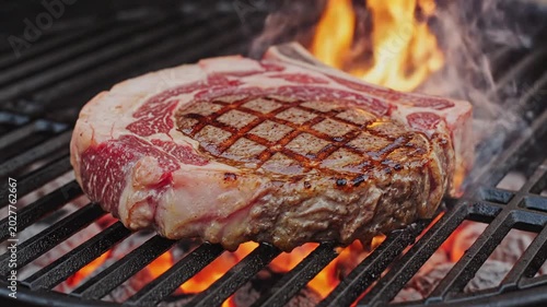 Juicy Ribeye Steak Grilling on Hot BBQ Grill with Flames