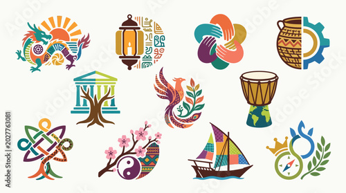 Collection of diverse cultural symbols and icons representing global heritage and traditions.