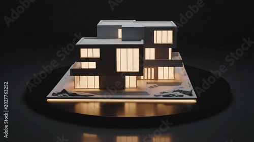 Modern Architectural Model House with Warm Interior Lighting