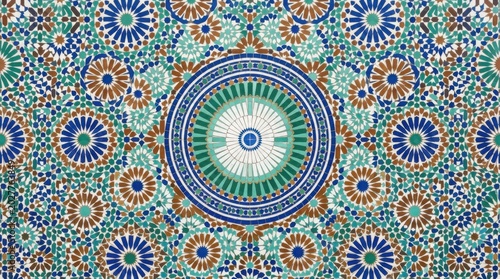 Moroccan Mosaic Pattern - Geometric Tiles with Blue, Green, and Brown Ornaments