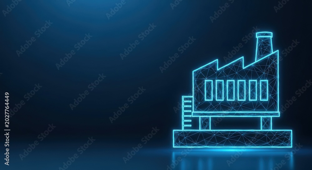 Fototapeta premium Glowing neon digital factory icon on dark blue background representing modern industry and technology