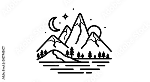 Minimalist Line Art Mountain Landscape Illustration with Lake, Forest, Sun, Moon, and Stars - Outdoor Adventure