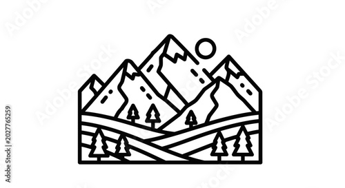 Minimalist Line Art Landscape Illustration with Majestic Mountains, Pine Trees, and Sun. Outdoor Nature Vector Graphic.