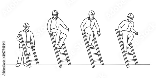 Instructional set of a construction worker using a ladder correctly showing safe climbing steps in a sequence Vector, illustration