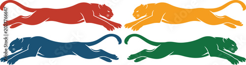 Photography Dynamic leaping panther vector set, four colorful big cat silhouettes in red, or