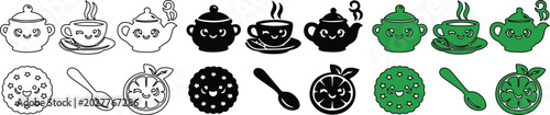 Fotografía Cute Kawaii Tea Time Vector Icon Set