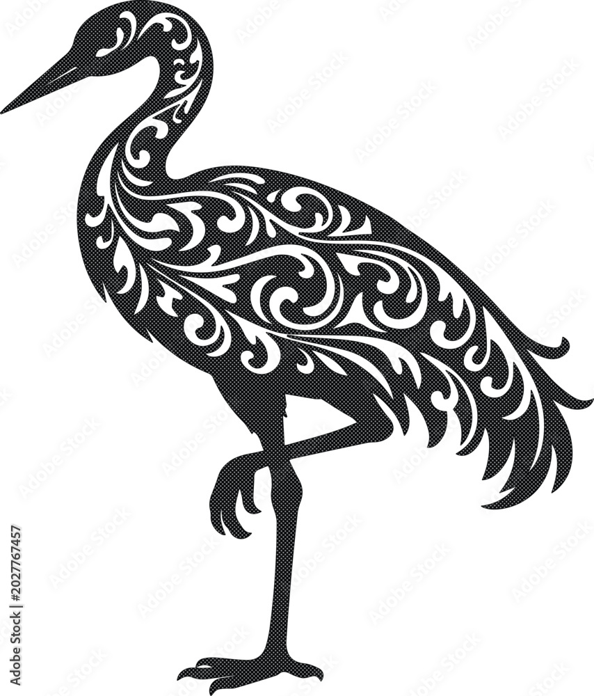 Naklejka premium Elegant ornamental crane vector, decorative heron silhouette, intricate bird design for laser cutting and engraving, sophisticated nature-inspired graphic resource