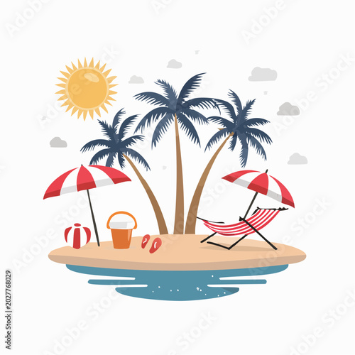 Tropical Island Beach Scene with Palm Trees and Beach Gear