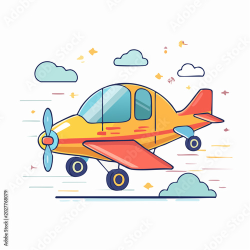 Cartoon Airplane Flying in the Sky with Clouds