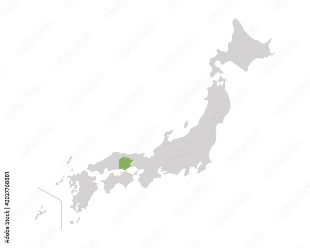 Naklejka premium 岡山県だけ緑色のシンプルな日本の地図