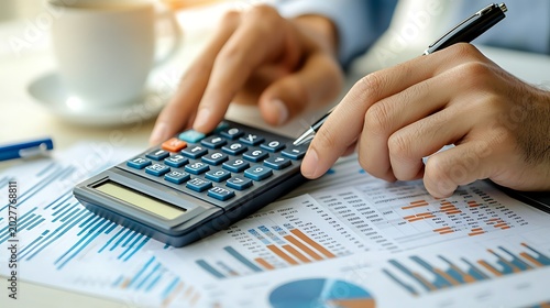 male hands operating a professional financial calculator resting on a printed financial report with colorful charts and data tables