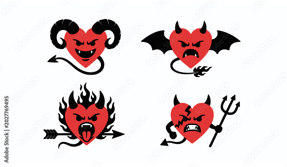 Fototapeta premium Rebellious devil heart icon vector set with gothic horns and Valentine graphics