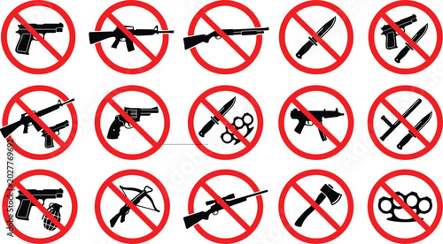 Photos Prohibited weapons warning sign collection with no firearms knives and dangerous