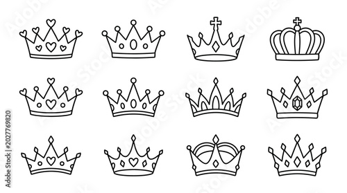 Billede på lærred Collection of Hand-Drawn Outline Crowns A Set of Elegant Royal Headwear Icons