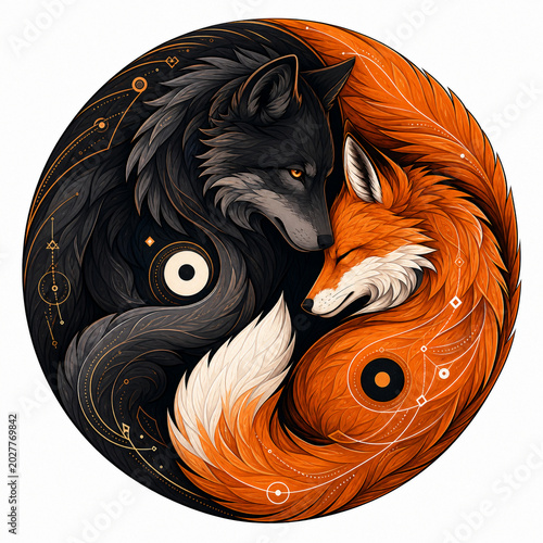 Dreamy Yin Yang wolf and fox celestial circle illustration