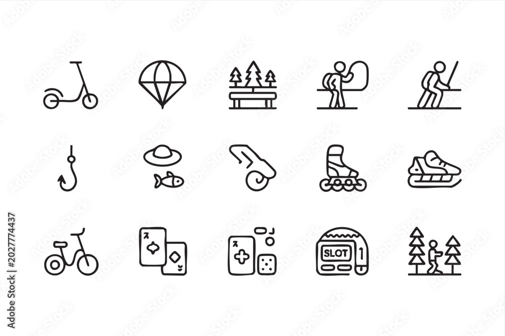 Fototapeta premium Black Outline Recreation Icon Collection Featuring Park, Scooter, Snowmobile, Fishing, Casino and Hiking Concepts