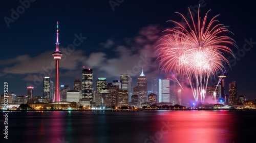 Bright colorful fireworks exploding over the toronto city skyline at night with reflection on the water surface and illuminated skyscrapers