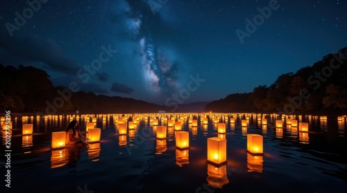 Many glowing floating lanterns on water at night under a starry sky