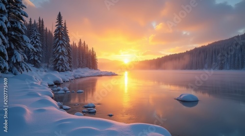 Beautiful winter landscape with a frozen lake and snow covered pine trees during a golden sunrise in the mountains