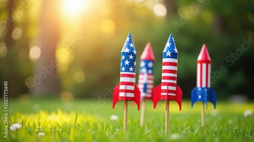 Patriotic firework rockets with american flag patterns standing in a green grass field during a sunny summer day for fourth of july celebration