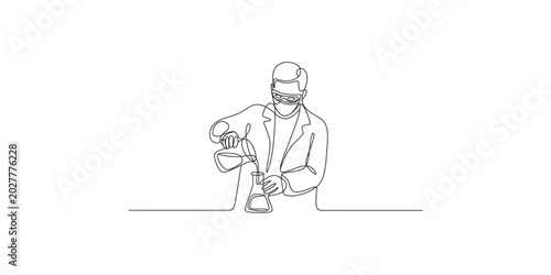 Tableau sur toile Continuous line drawing of a scientist in a lab coat working with a beaker