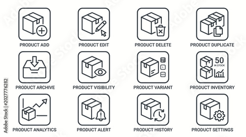 Set of product management line icons for e-commerce platforms.