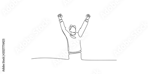 Slika na platnu Continuous line drawing of a man with arms raised in celebration isolated on whi