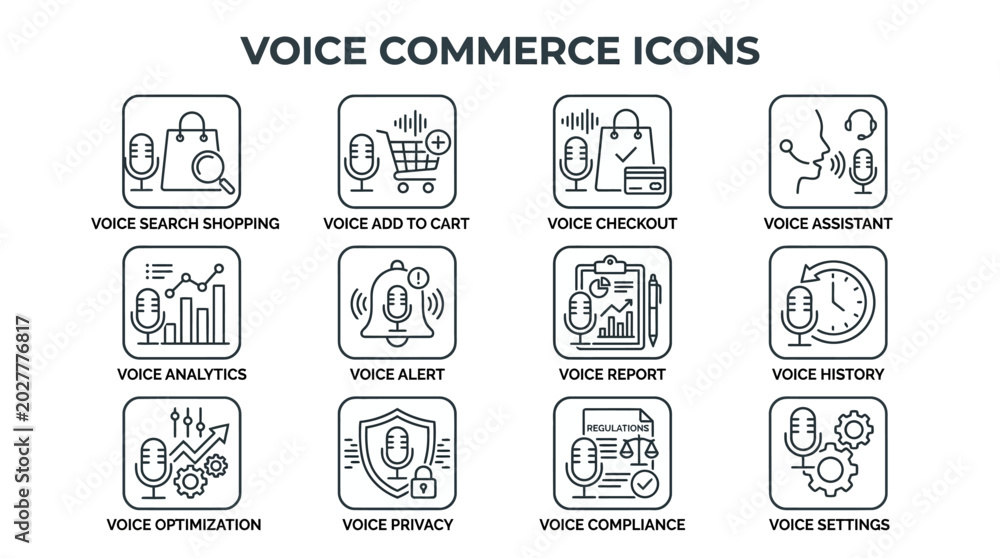 Obraz premium Set of voice commerce icons for online shopping and voice assistant technology.