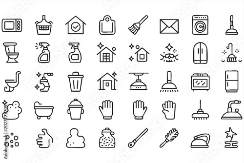 Photos ome Cleaning Line Icon Set with Appliances, Spray Bottles, Brooms, Gloves and Ho