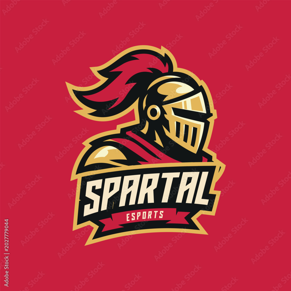 Fototapeta premium Spartan Warrior Esport Logo Design with Helmet Mascot Shield and Bold Gaming Team Identity