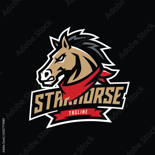 Tableau sur toile Fierce Horse Head Esport Logo Design with Bold Shield Badge and Dynamic Sports T