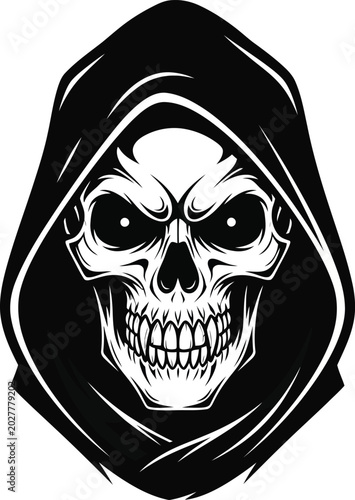 Black and white grim reaper skull with hood death