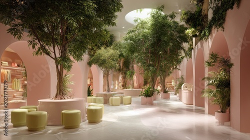 A spacious, bright pink interior with large trees and comfortable pastel seating.