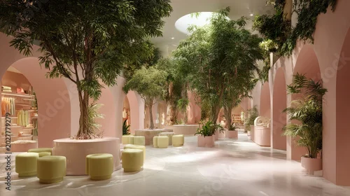 Obraz A spacious, bright pink interior with large trees and comfortable pastel seating.