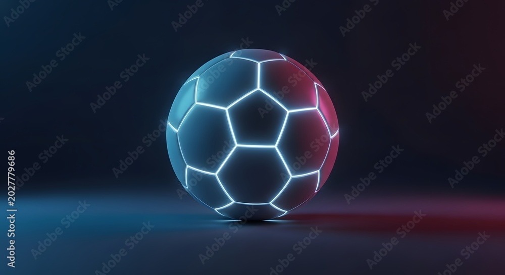 Fototapeta premium Glowing Futuristic Soccer Ball Resting on Dark Neon Lit Background