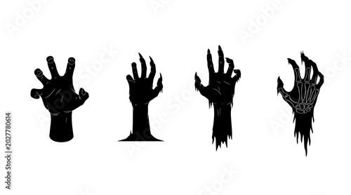 Schilderij op canvas Collection of six creepy black hand silhouettes emerging from below, with a skeletal hand and monster claw variations