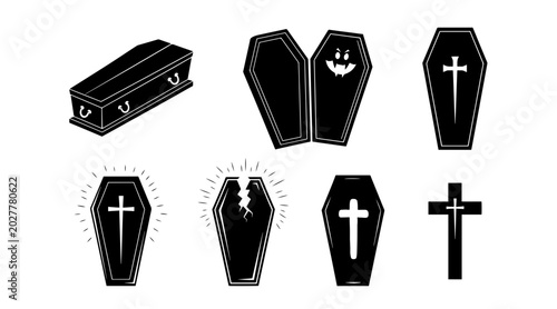 Foto Collection of diverse coffin silhouettes, including traditional, open, and cracked designs with crosses and a spooky jack-o'-lantern face