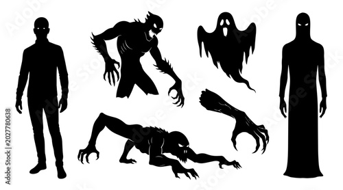 Cuadro en lienzo Halloween Silhouette Collection: Spooky Creatures, Ghost, Monster, and Human Fig