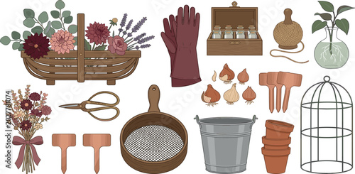 Photos Vintage Floriculture and Gardening Vector Icon Set Featuring Flower Basket, Plan