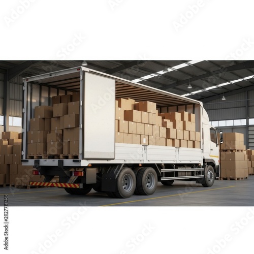 A large truck loaded with cardboard boxes parked inside a spacious warehouse.