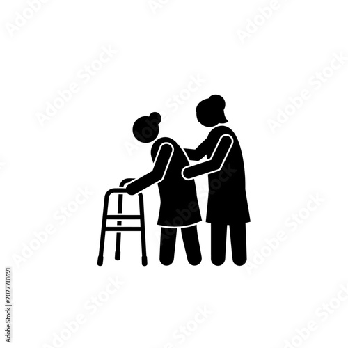 Elderly woman with walker and assistant.