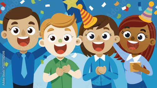 Cuadro en lienzo Flat vector illustration of coworkers celebrating office birthday party with hats and confetti