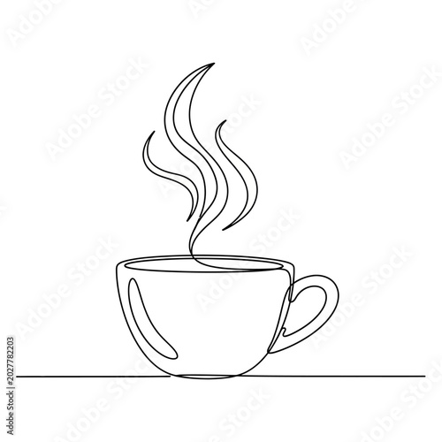 Continuous line art of a steaming coffee cup on white background