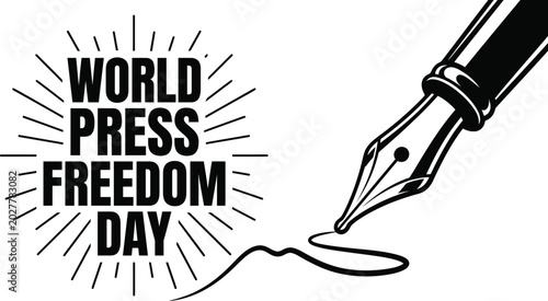 Billede på lærred World press freedom day typography vector concept illustration, Fountain pen nib drawing lines with text emblem for journalism holiday