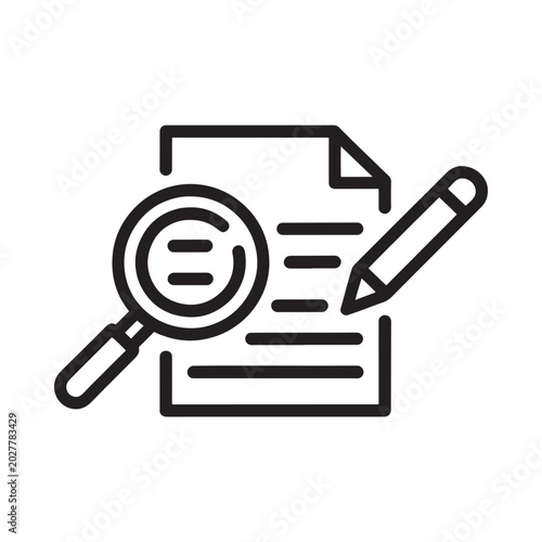 Tableau sur toile document review icon with magnifying glass and pencil line art