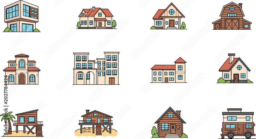 Fototapeta premium Colorful Building Icon Collection With Houses Barn Beach Hut Food Truck And Modern Architecture Vector Illustration Set