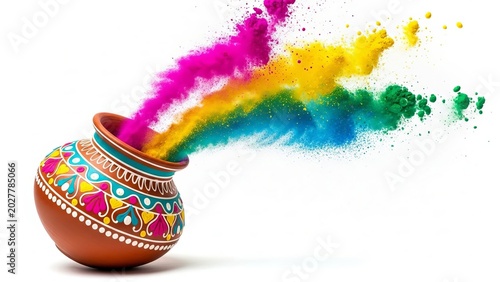 Vibrant clay pot with colorful powder exploding out isolated on white background